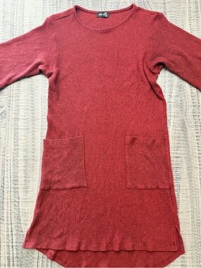 Cozy Ribbed Sweater Dress with Front Pockets - Deep Red